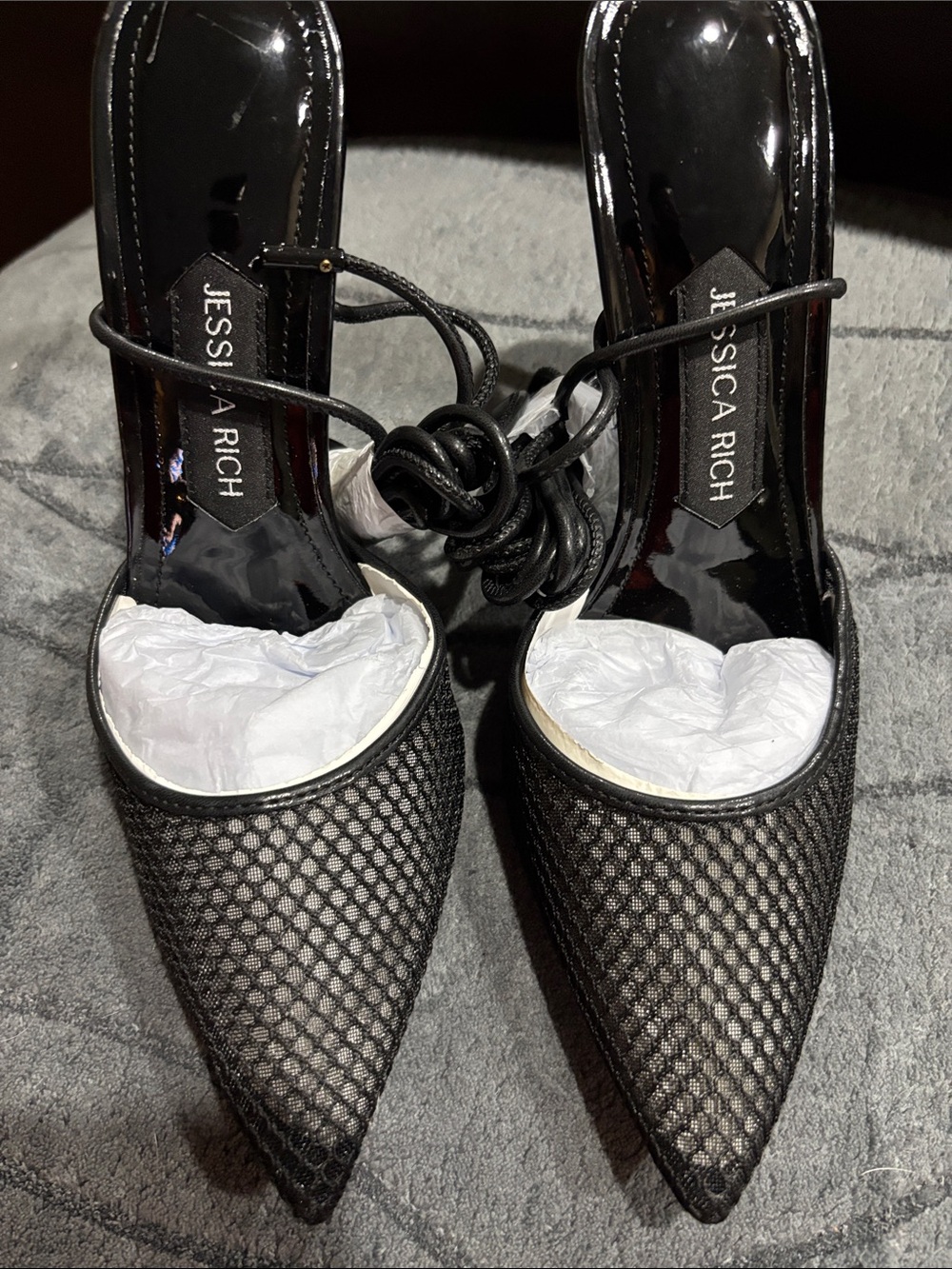 Jessica Rich Black Pointed Mesh Lace-Up Heels with Patent Trim size 38 (7.5)